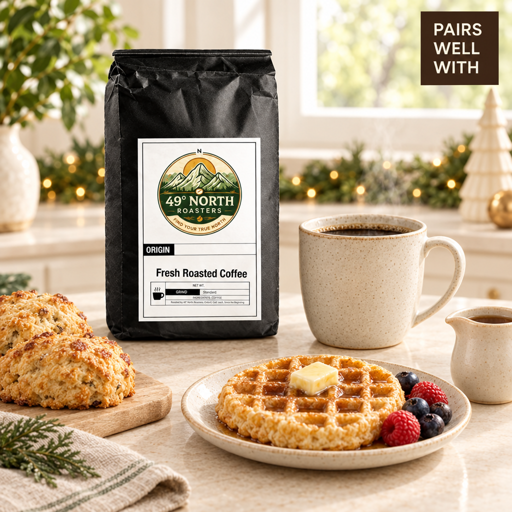 Holiday Blend coffee pairing photo with scones and waffles in an airy festive kitchen
