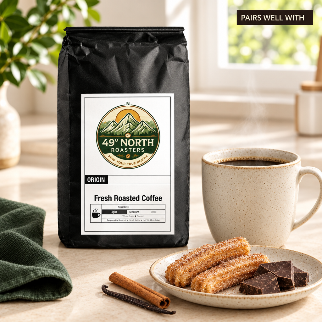 Mexican Chocolate coffee pairing photo with cinnamon-sugar churros and a small PAIRS WELL WITH label