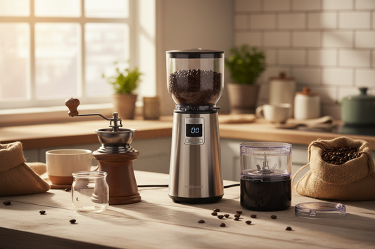 Three coffee grinders on a kitchen counter — burr, hand, and blade — with morning light streaming through