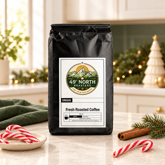 Candy Cane coffee bag in an airy holiday kitchen with candy canes, cinnamon and evergreen accents