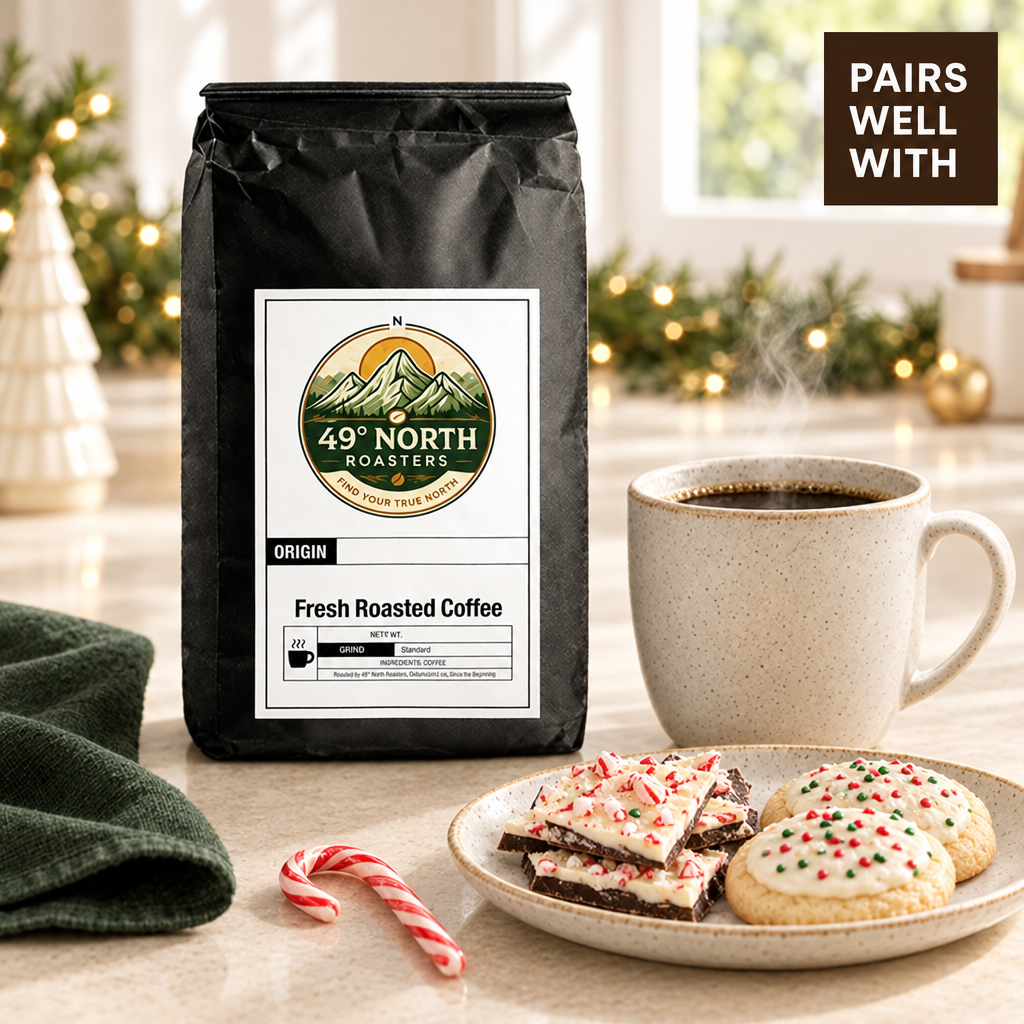 Candy Cane coffee holiday pairing photo with peppermint bark and frosted sugar cookies