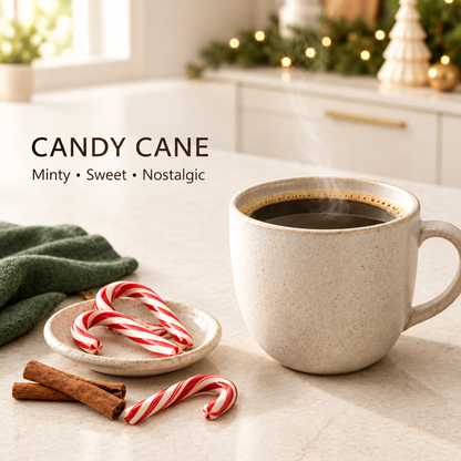 Candy Cane coffee with Minty • Sweet • Nostalgic text in an airy holiday kitchen