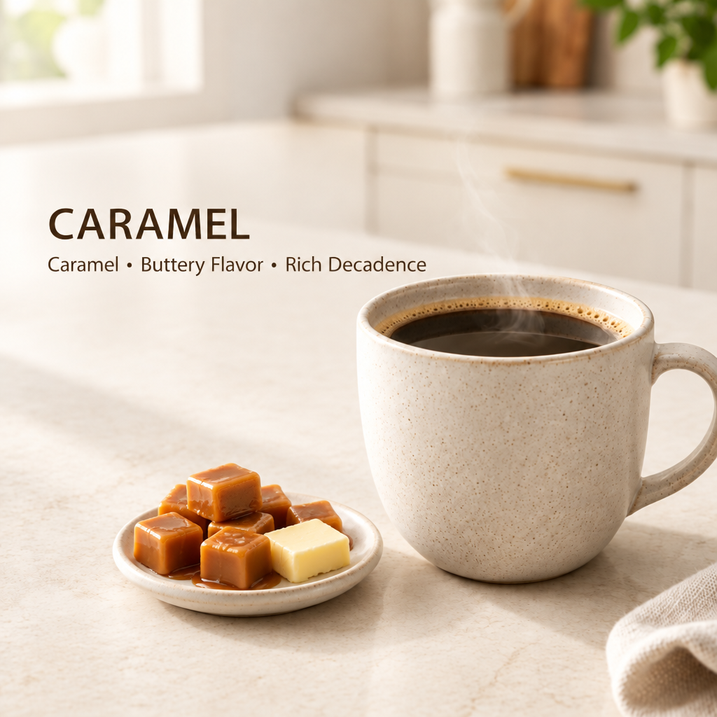 Caramel coffee flavor image with Caramel • Buttery Flavor • Rich Decadence text