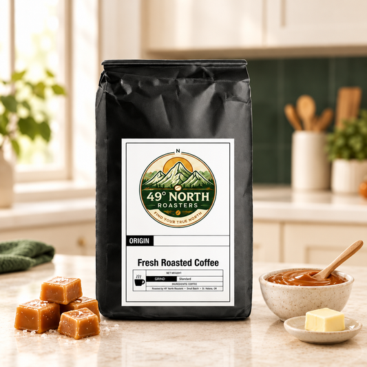 Caramel coffee packaging in an airy kitchen with caramel-inspired countertop props