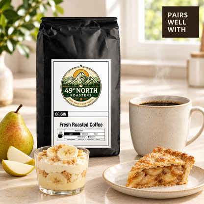 Caramel coffee pairing photo with banana pudding, apple pie and pear