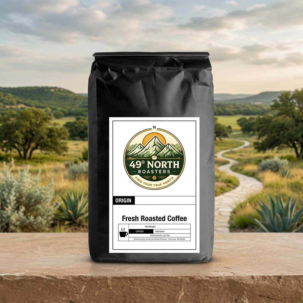 Centered coffee packaging with Texas Hill Country backdrop