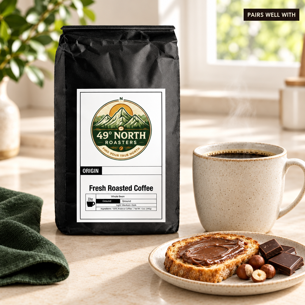 Chocolate Hazelnut coffee pairing with a mug, chocolate-hazelnut toast, and a small PAIRS WELL WITH label