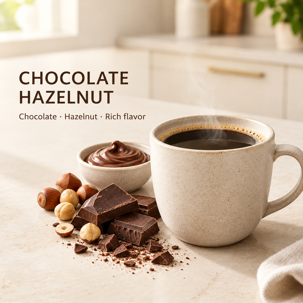 Chocolate Hazelnut flavor-profile photo with a coffee mug, chocolate and hazelnuts, and Open Sans-style text
