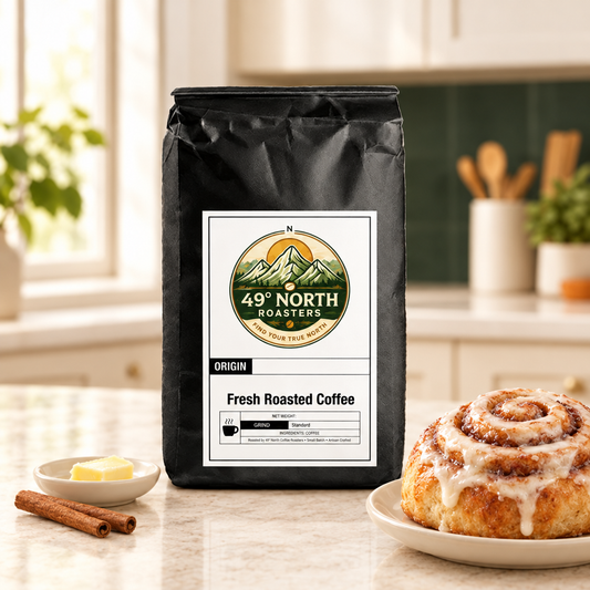 Cinnabun coffee bag in an airy kitchen with a large cinnamon roll, butter and cinnamon sticks