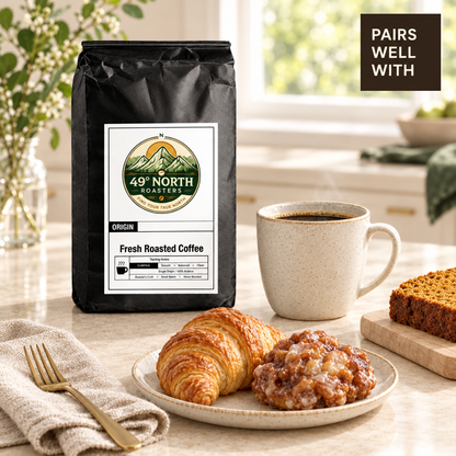 Cinnabun coffee brunch pairing photo with pumpkin bread, croissant and apple fritter