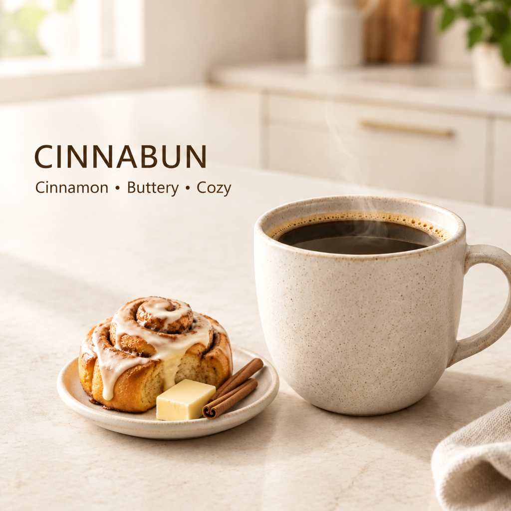 Cinnabun coffee with Cinnamon • Buttery • Cozy text in a light kitchen
