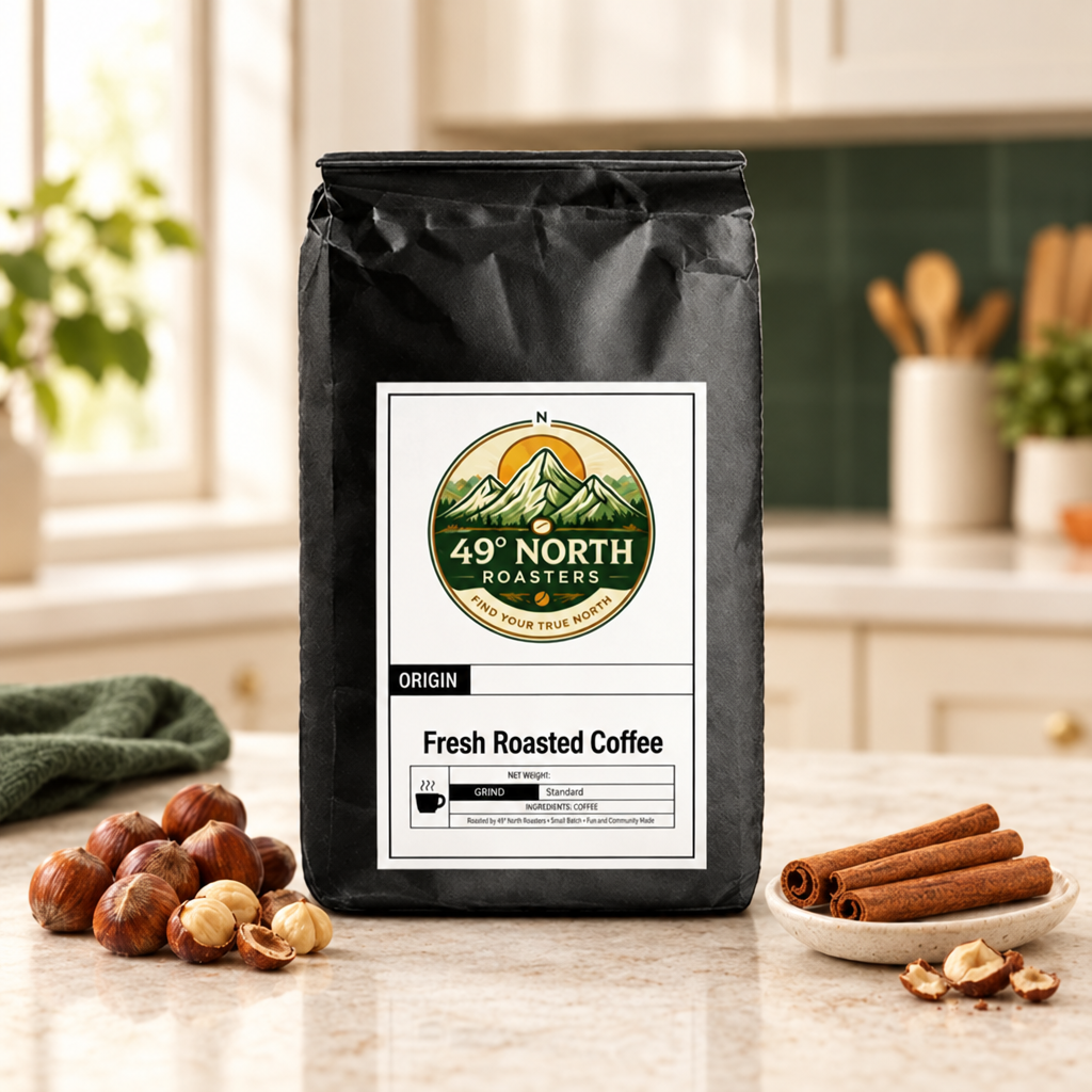 Cinnamon Hazelnut coffee bag in a light airy kitchen with cinnamon sticks and hazelnuts