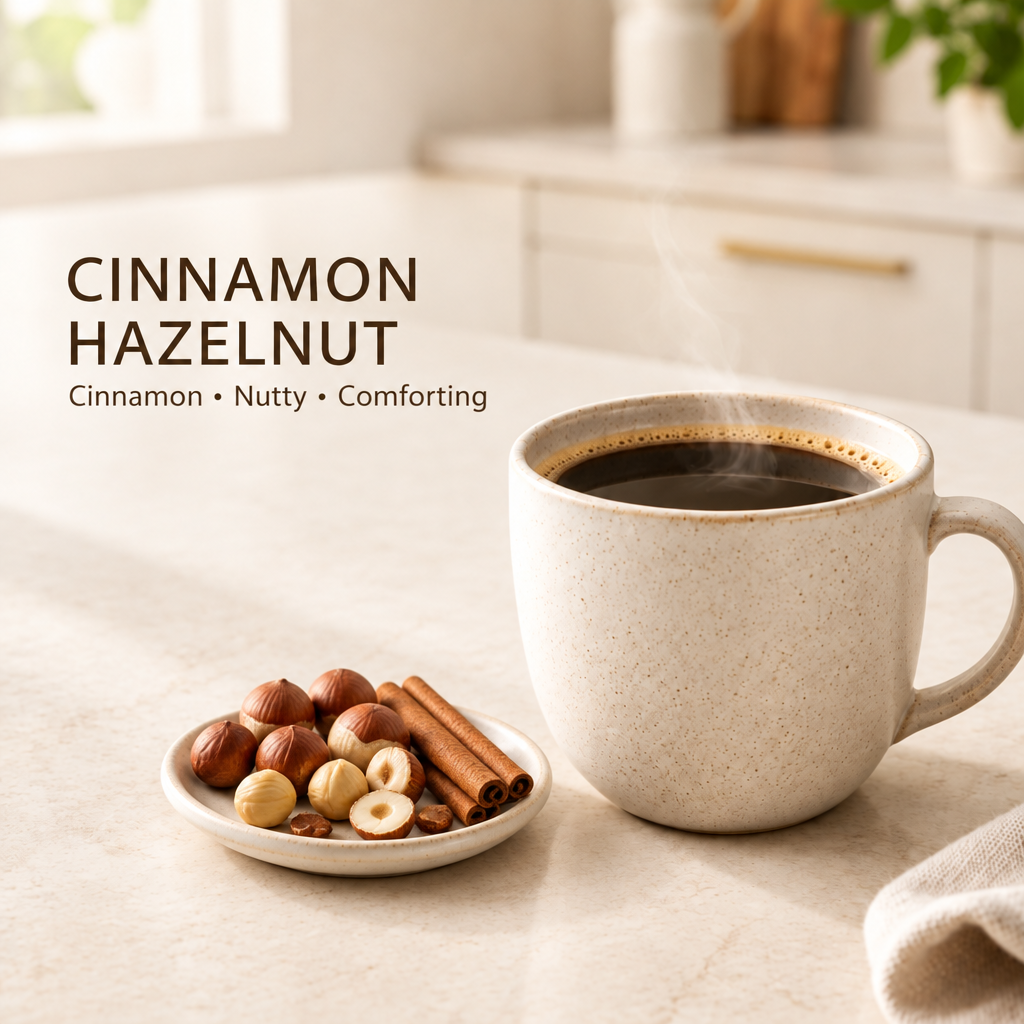 Cinnamon Hazelnut coffee with Cinnamon • Nutty • Comforting text in an airy kitchen