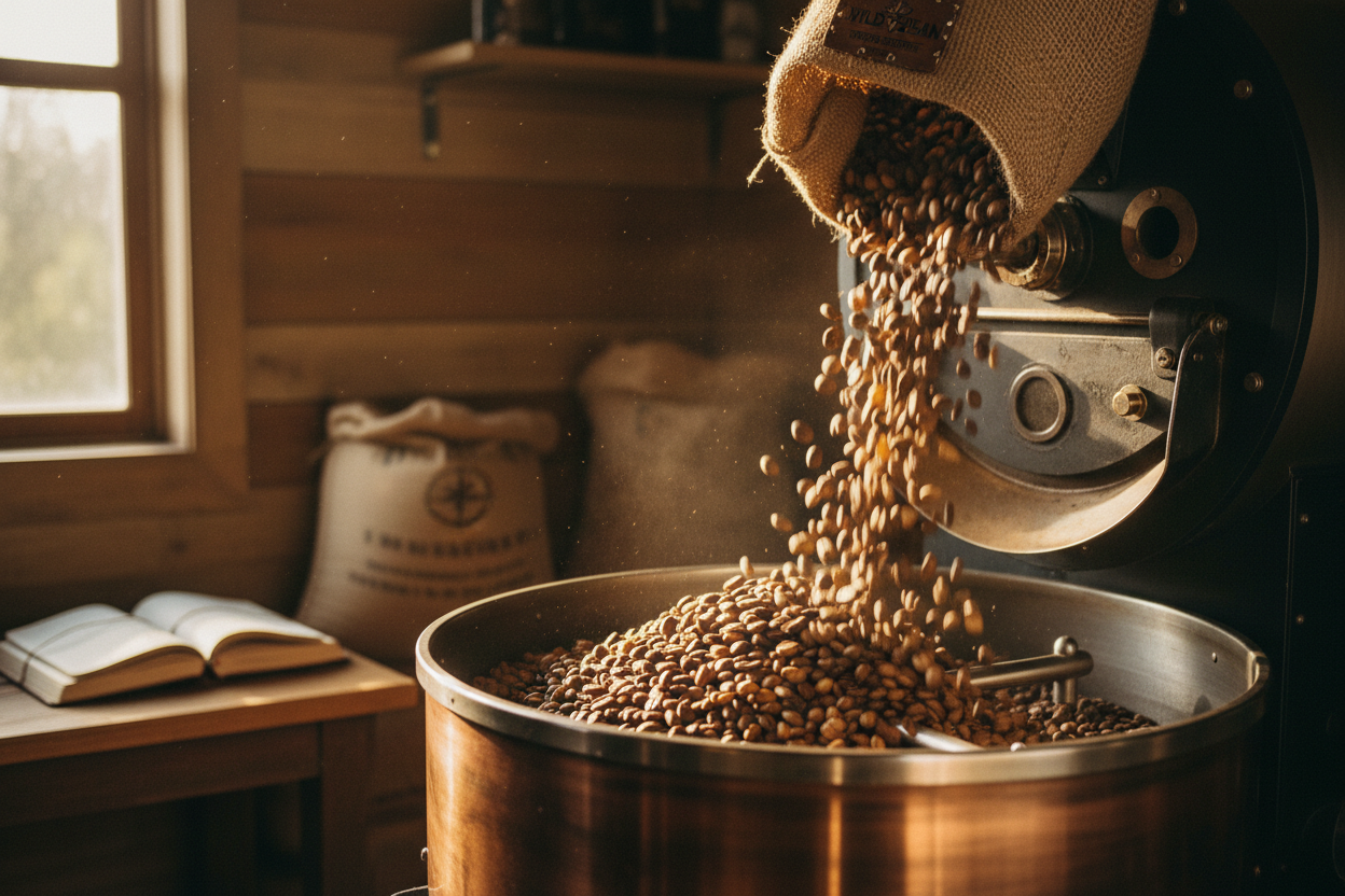 Coffee beans poured into roaster