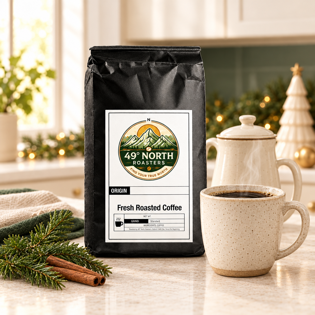 Holiday Blend coffee with a warm cup and family coffee pot in an airy festive kitchen