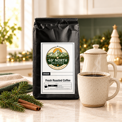 Holiday Blend coffee with a warm cup and family coffee pot in an airy festive kitchen