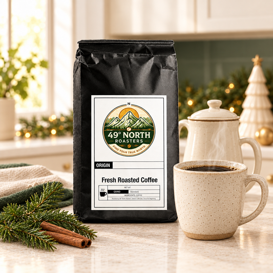Holiday Blend coffee with a warm cup and family coffee pot in an airy festive kitchen