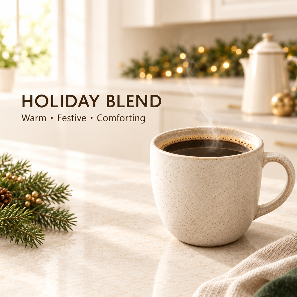 Holiday Blend coffee with Warm • Festive • Comforting text in an airy holiday kitchen