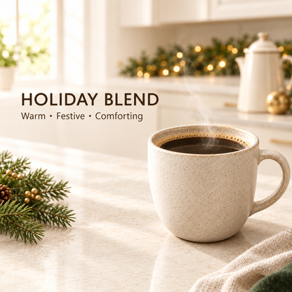 Holiday Blend coffee with Warm • Festive • Comforting text in an airy holiday kitchen