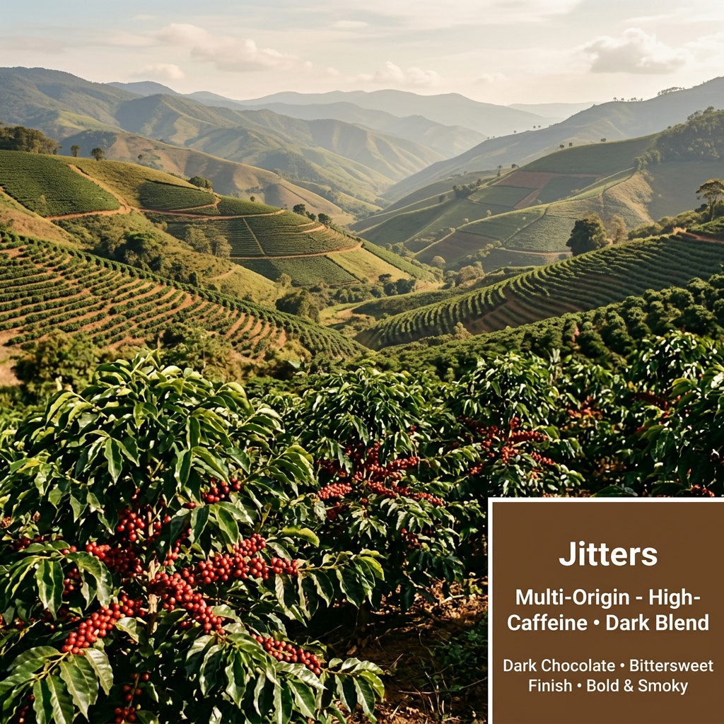 Jitters regional image with high-caffeine dark-blend wording and flavor notes