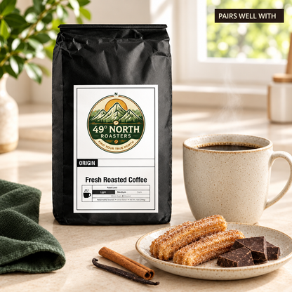 Mexican Chocolate coffee pairing photo with cinnamon-sugar churros and a small PAIRS WELL WITH label