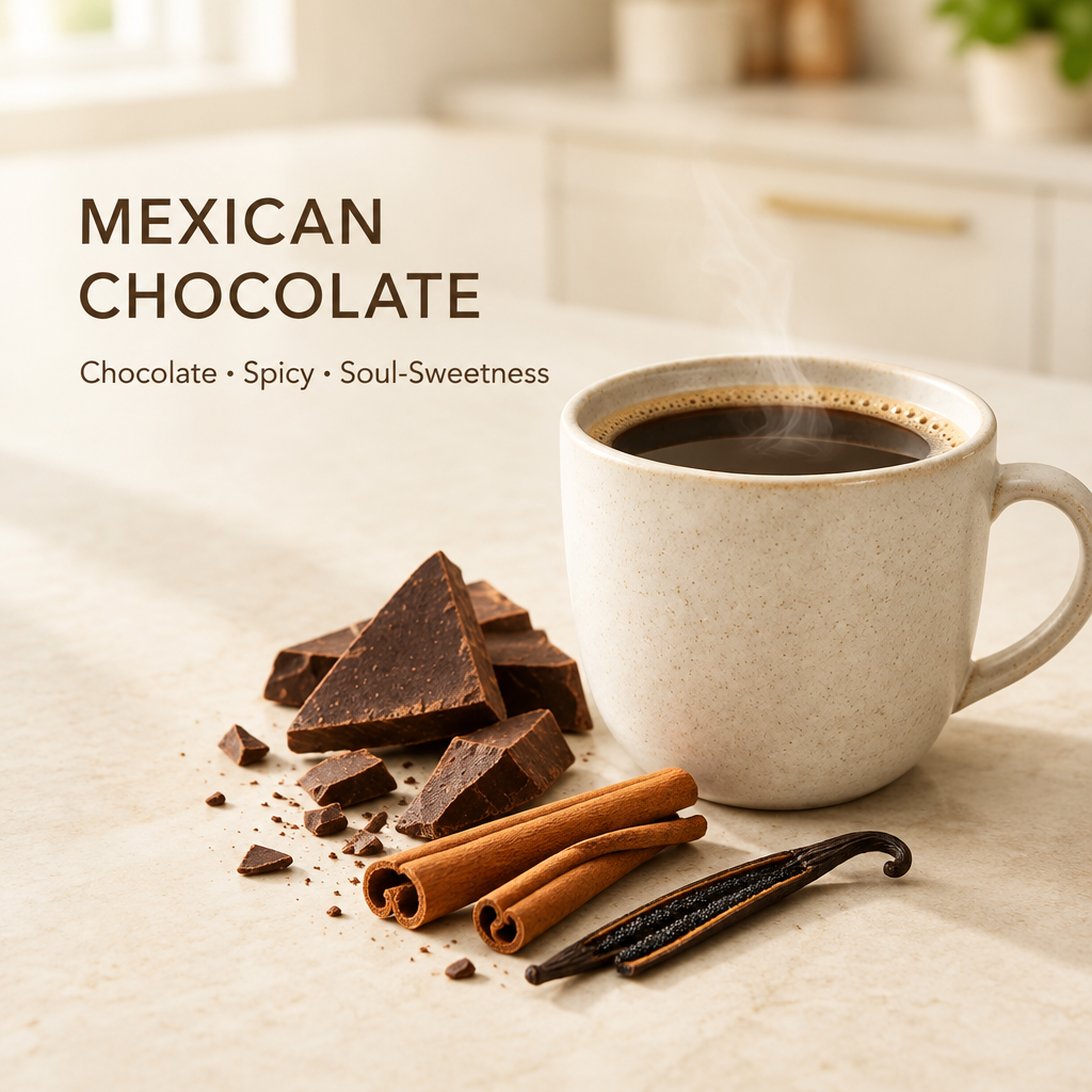 Mexican Chocolate flavor image with coffee mug and the phrase Chocolate • Spicy • Soul‑Sweetness