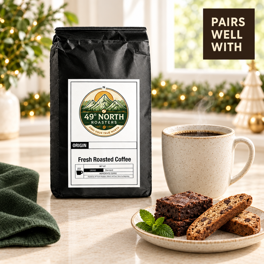 Mint coffee holiday pairing photo with chocolate brownies and chocolate biscotti