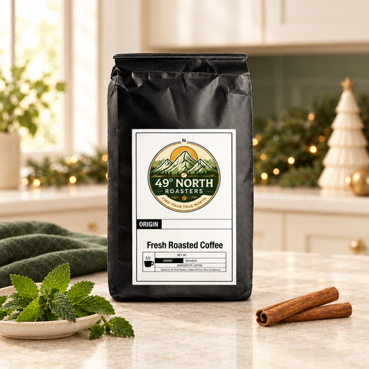 Mint coffee in an airy holiday kitchen with mint, cinnamon and subtle festive decor