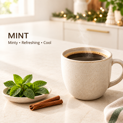 Mint coffee with Minty • Refreshing • Cool text against an airy holiday kitchen backdrop
