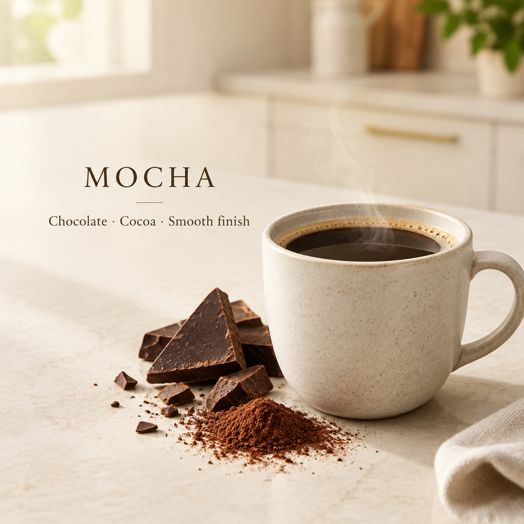 Mocha chocolate cocoa and smooth finish profile