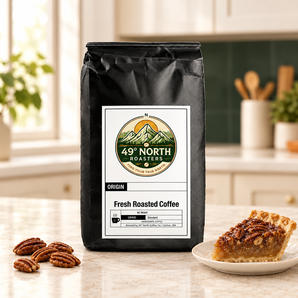 Pecan Pie coffee bag in a light airy kitchen with pecans and a slice of pecan pie