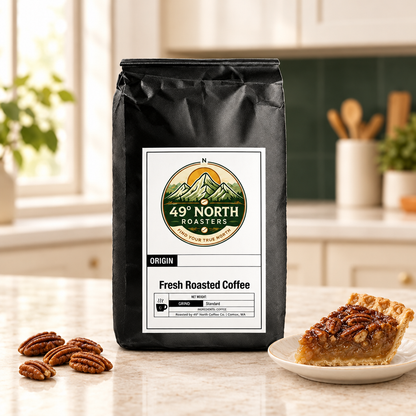 Pecan Pie coffee bag in a light airy kitchen with pecans and a slice of pecan pie