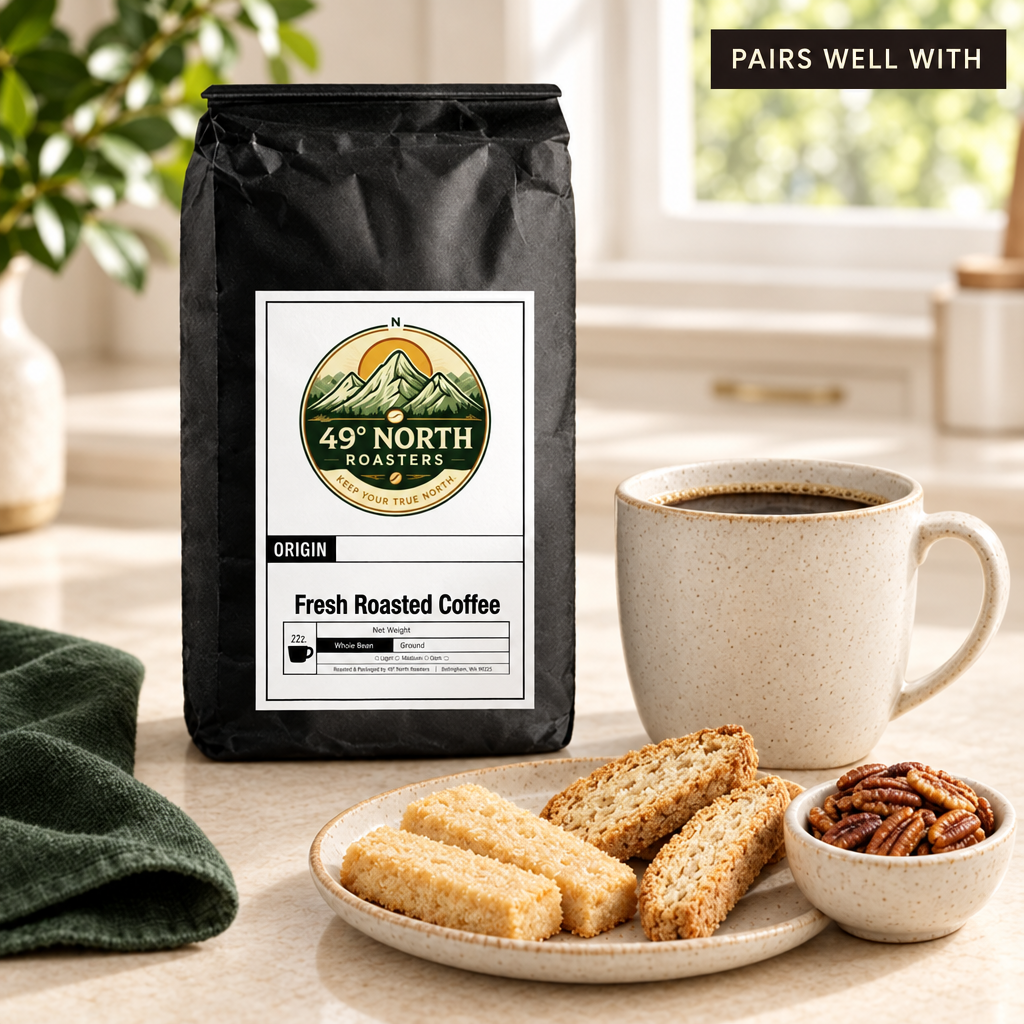 Pecan Pie coffee pairing photo with shortbread, vanilla biscotti and toasted pecans