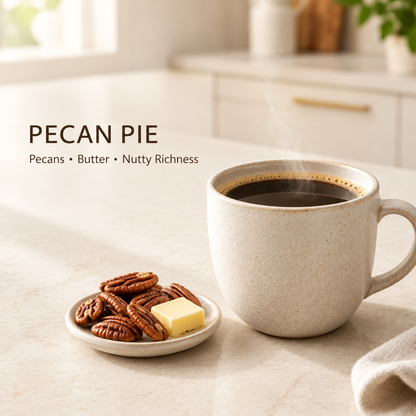 Pecan Pie flavor image with Pecans • Butter • Nutty Richness text