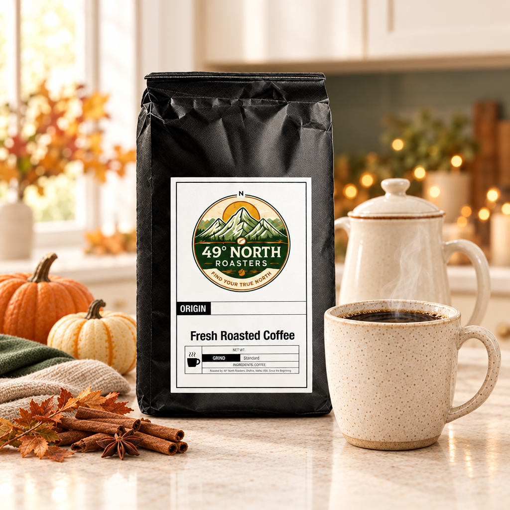 Pumpkin Spice coffee in an airy Thanksgiving kitchen with a warm cup, pumpkins and autumn accents