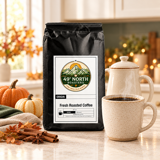 Pumpkin Spice coffee in an airy Thanksgiving kitchen with a warm cup, pumpkins and autumn accents