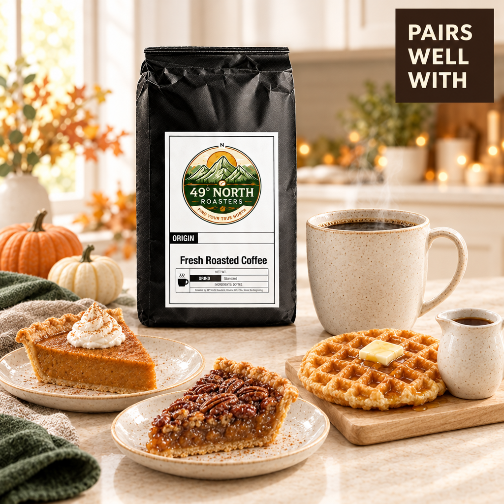 Pumpkin Spice coffee pairing photo with pumpkin pie, pecan pie and waffles with butter and syrup