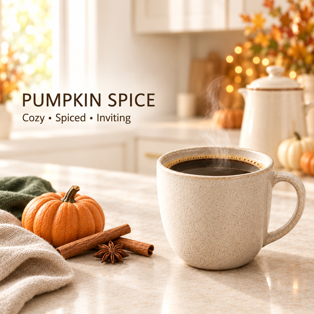 Pumpkin Spice coffee with Cozy • Spiced • Inviting text in an airy Thanksgiving kitchen