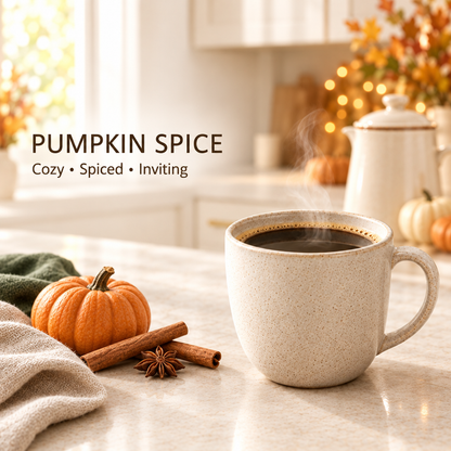Pumpkin Spice coffee with Cozy • Spiced • Inviting text in an airy Thanksgiving kitchen
