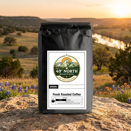 Recomposed centered coffee package with river-valley backdrop