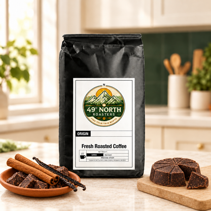 Revised Mexican Chocolate coffee photo with prominent cinnamon, vanilla pods and a rustic chocolate disk