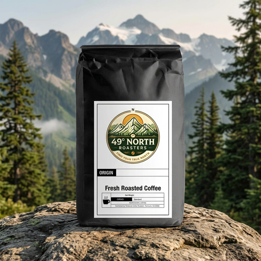 Shuksan coffee package centered against softly blurred Pacific Northwest mountains and evergreens