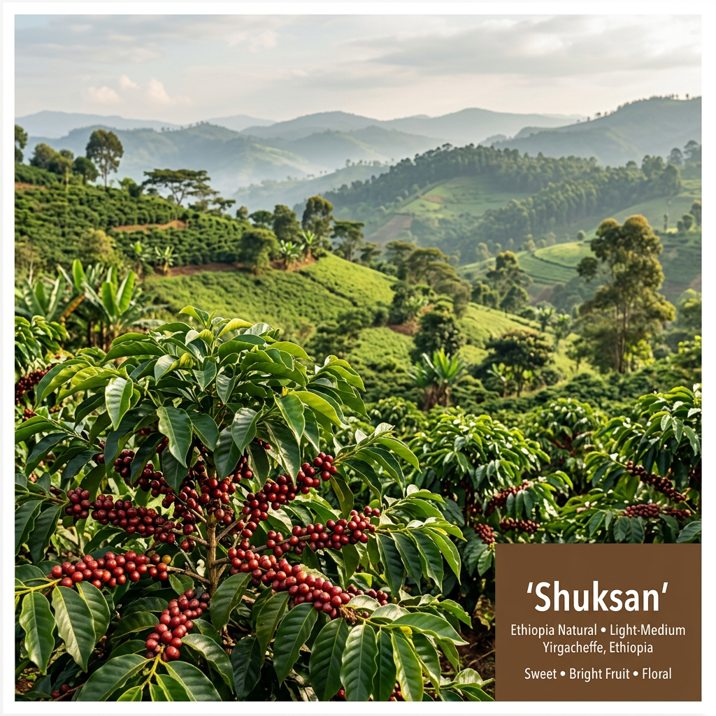 Shuksan regional image with Yirgacheffe origin, light-medium roast, and flavor notes
