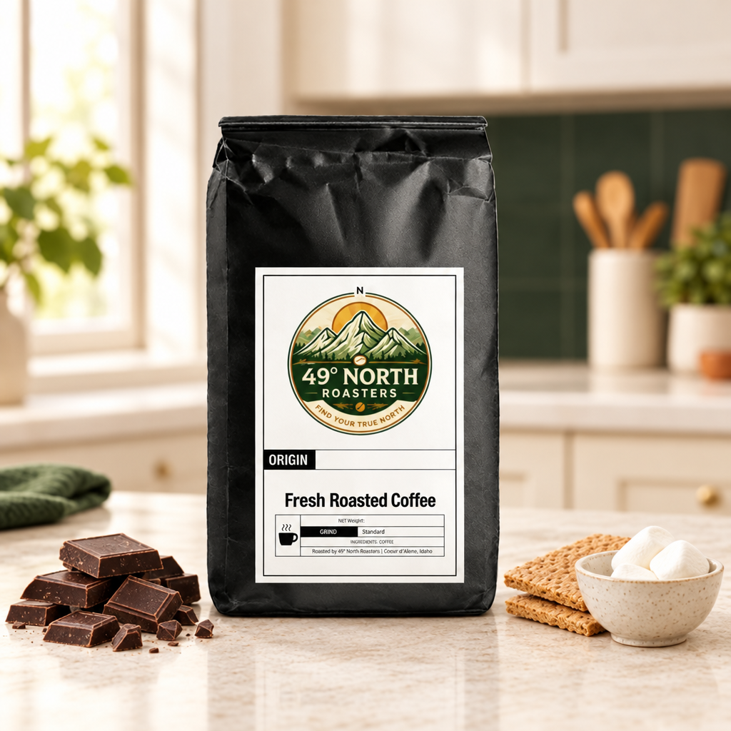 Smores coffee bag in a light airy kitchen with chocolate, marshmallows and graham crackers