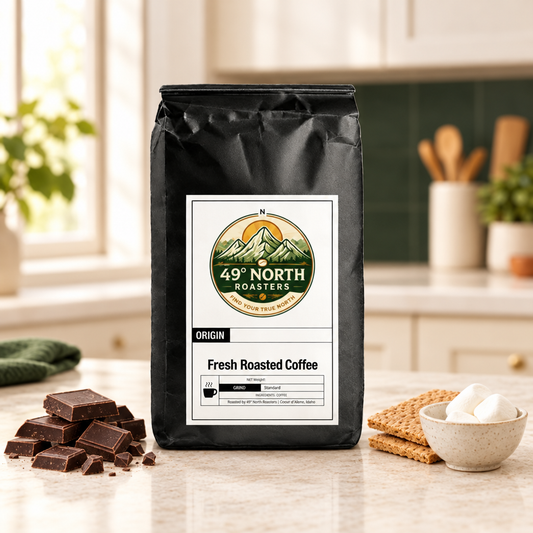 Smores coffee bag in a light airy kitchen with chocolate, marshmallows and graham crackers