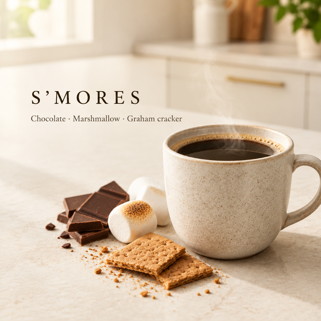 Smores flavor-themed image with coffee mug, chocolate, marshmallows and graham crackers