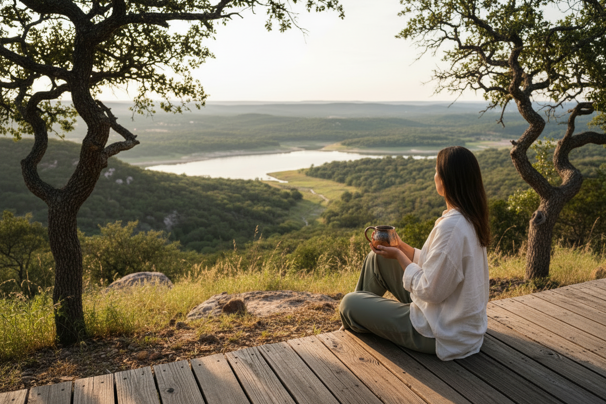 Woman facing lake on Texas Hill Country deck